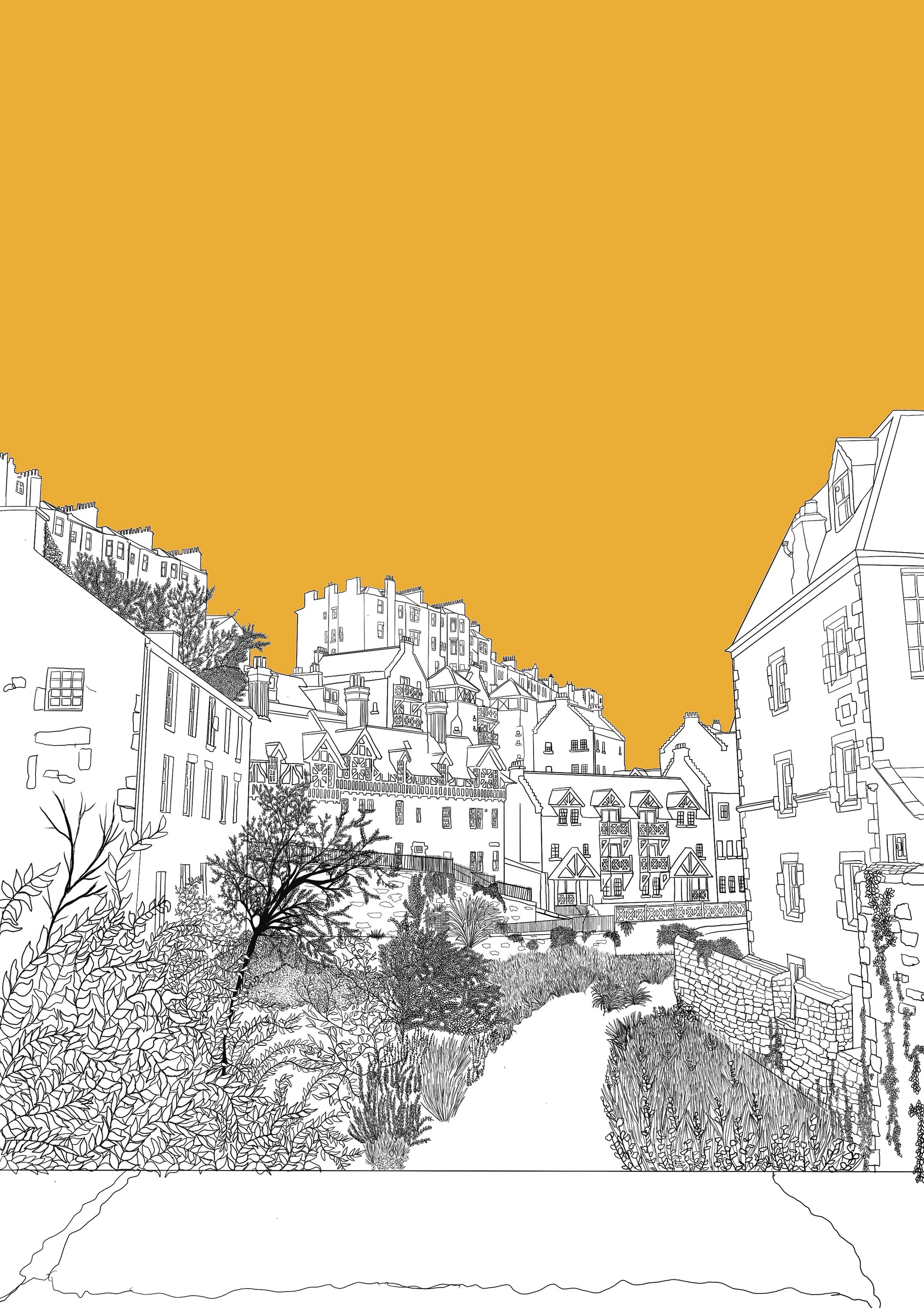 Wayward - Dean Village Edinburgh Postcard with yellow background 