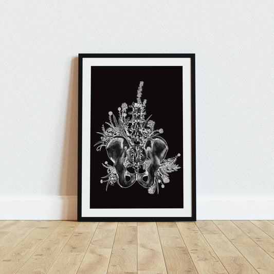 Where Wildflowers Grow Pelvis and Flowers A4 Screen Print Black