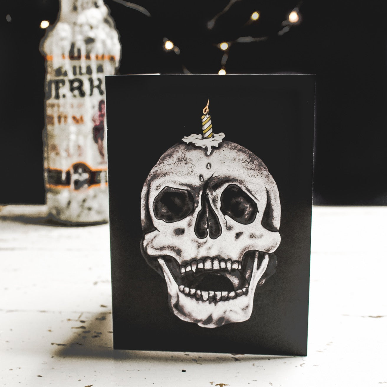 Black Birthday Card With Skull Illustration with melting candle on its head by Wayward