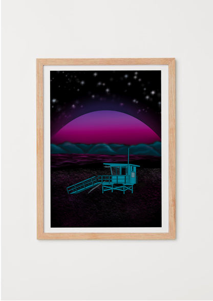 Beach Hut Art Print with Purple sunset by wayward