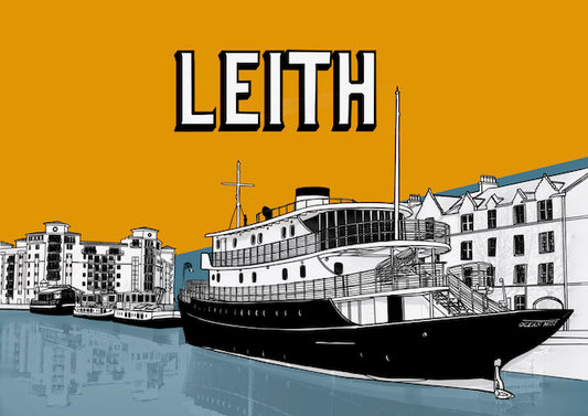 Leith Shore Edinburgh Postcard Yellow and Blue with Ocean Mist Ship Illustration
