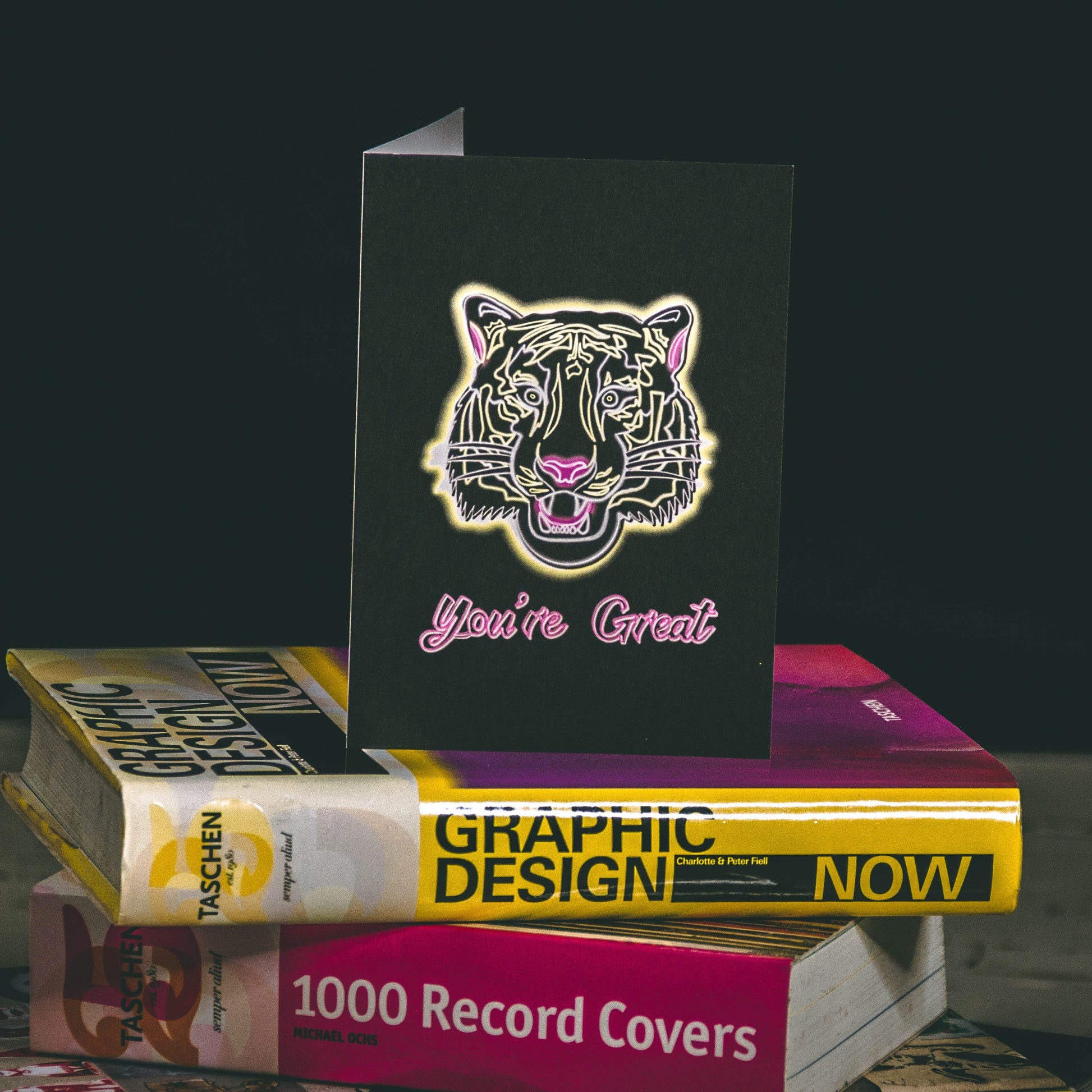 A6 Black Greetings Card With Yellow Tattoo Style Tiger and You're Great text by Wayward