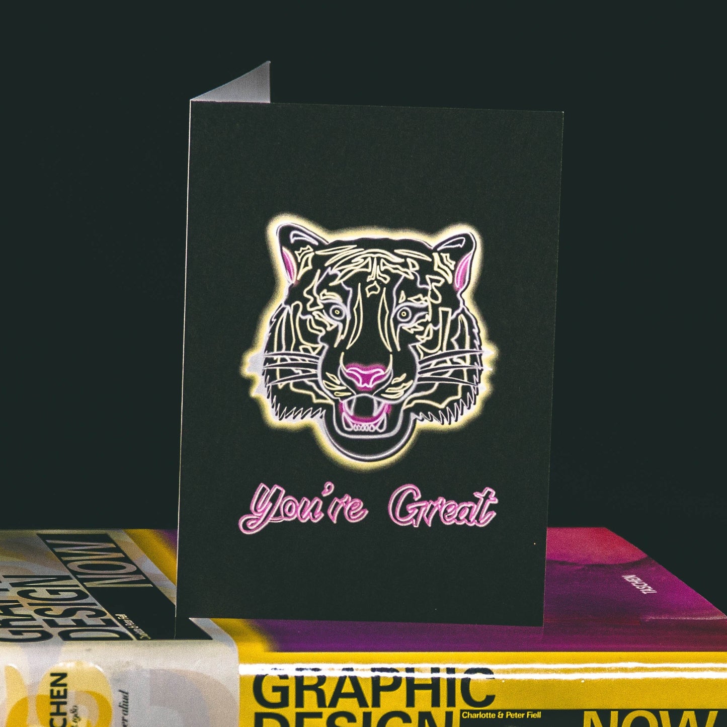 A6 Black Greetings Card With Yellow Tattoo Style Tiger and You're Great text by Wayward