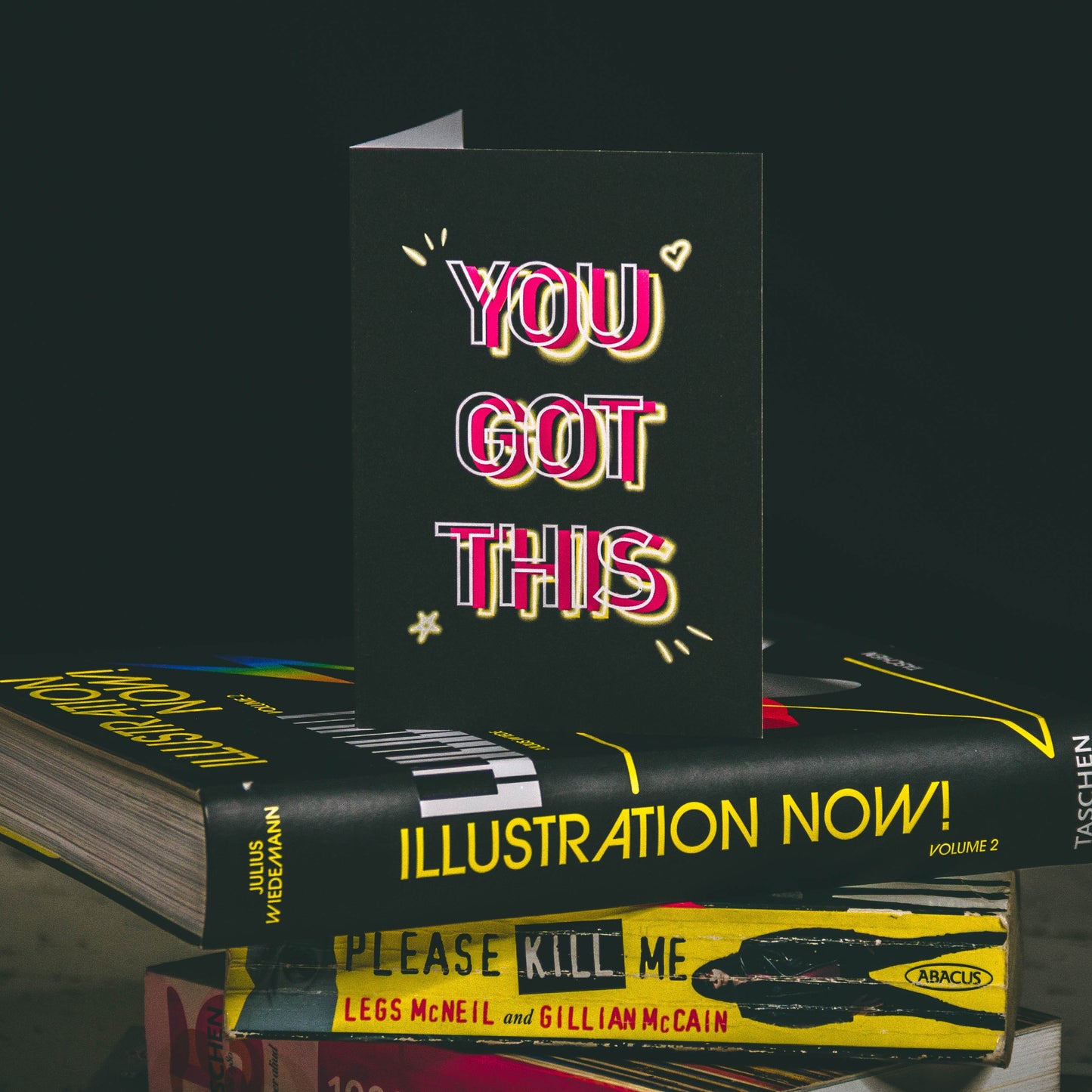 A6 Black Greetings Card With Pink Yellow and White You Got This Neon slogan design by wayward
