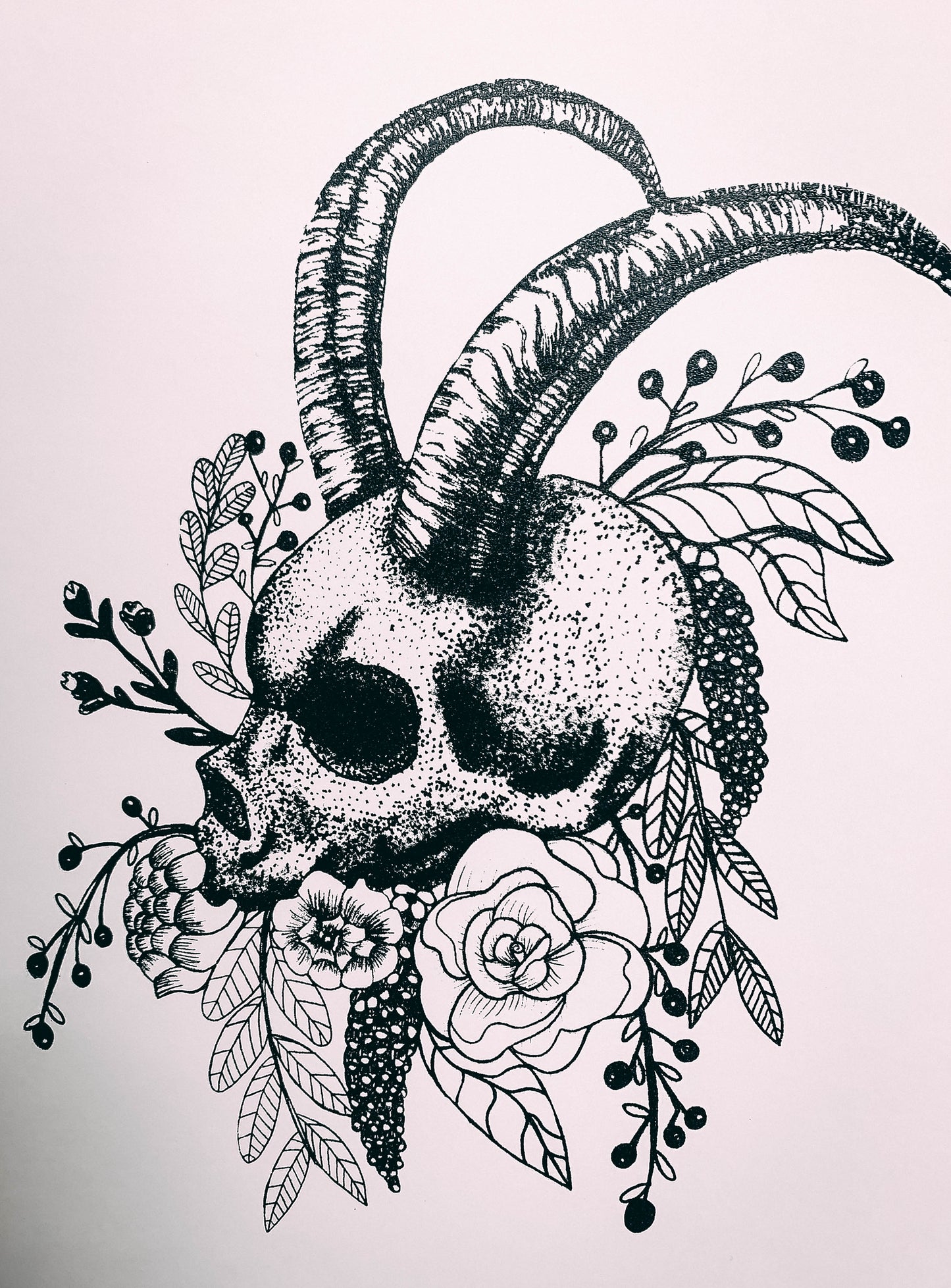 Skull With Horns surrounded by botanicals - A4 Screen Print by Wayward