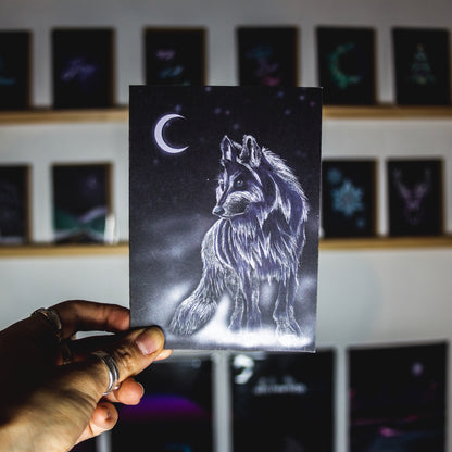 Wolf and moon greetings card by wayward