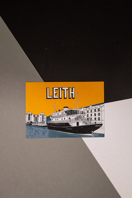 Leith Shore Edinburgh Postcard Yellow and Blue with Ocean Mist Ship Illustration 