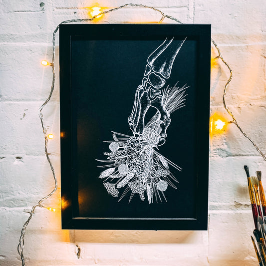 Skeleton With Flowers Black - A4 Screen Print