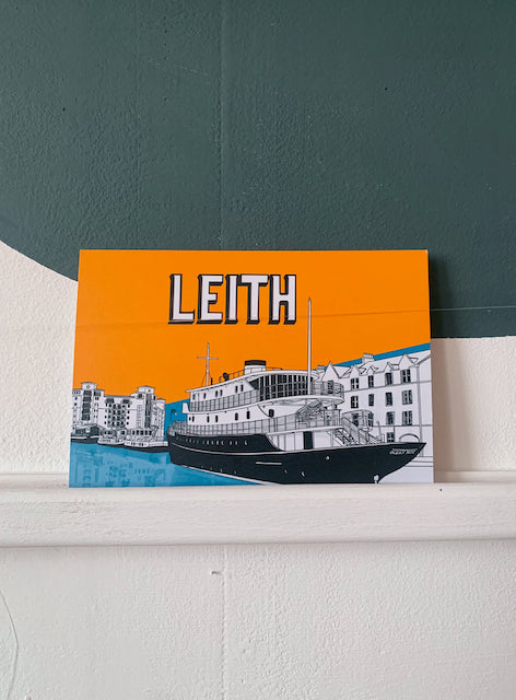 Leith Shore Edinburgh Postcard Yellow and Blue with Ocean Mist Ship Illustration 
