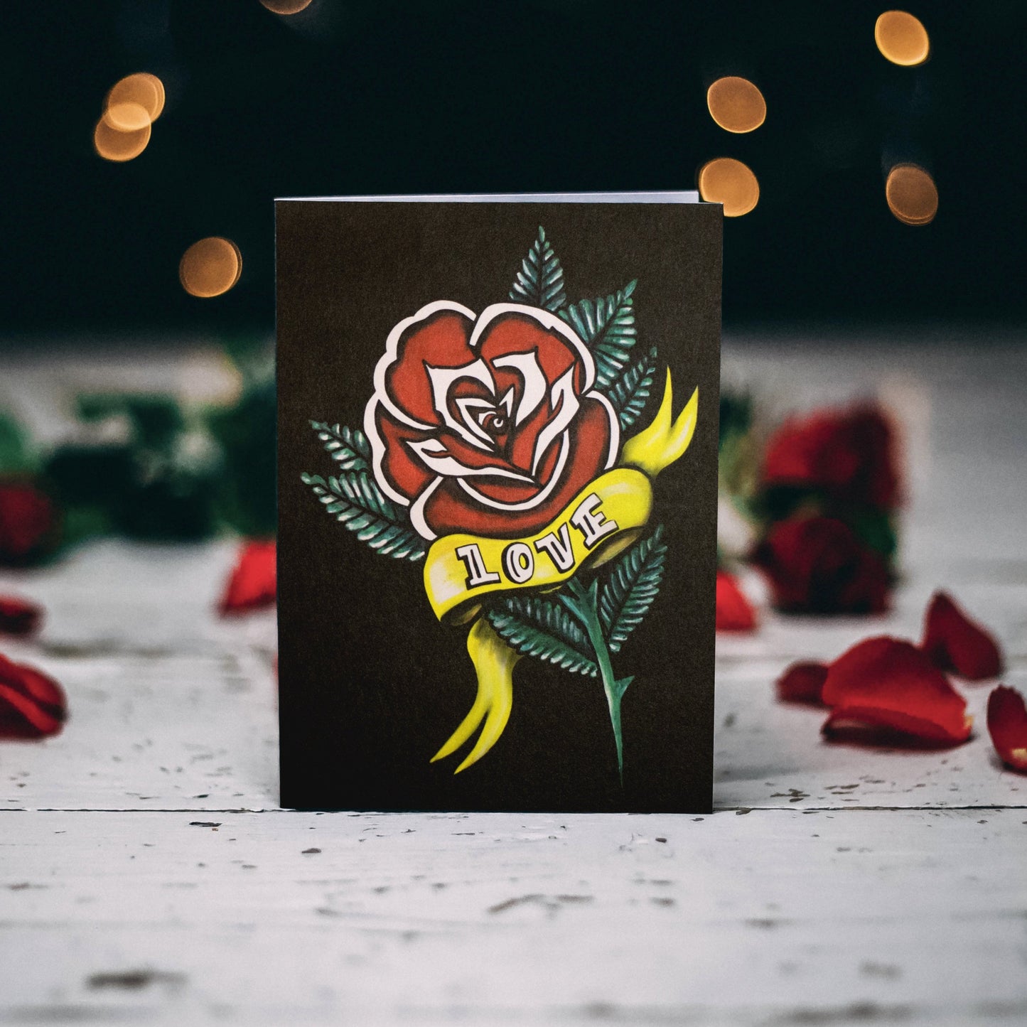 Tattoo Rose with Love Banner Greetings Card