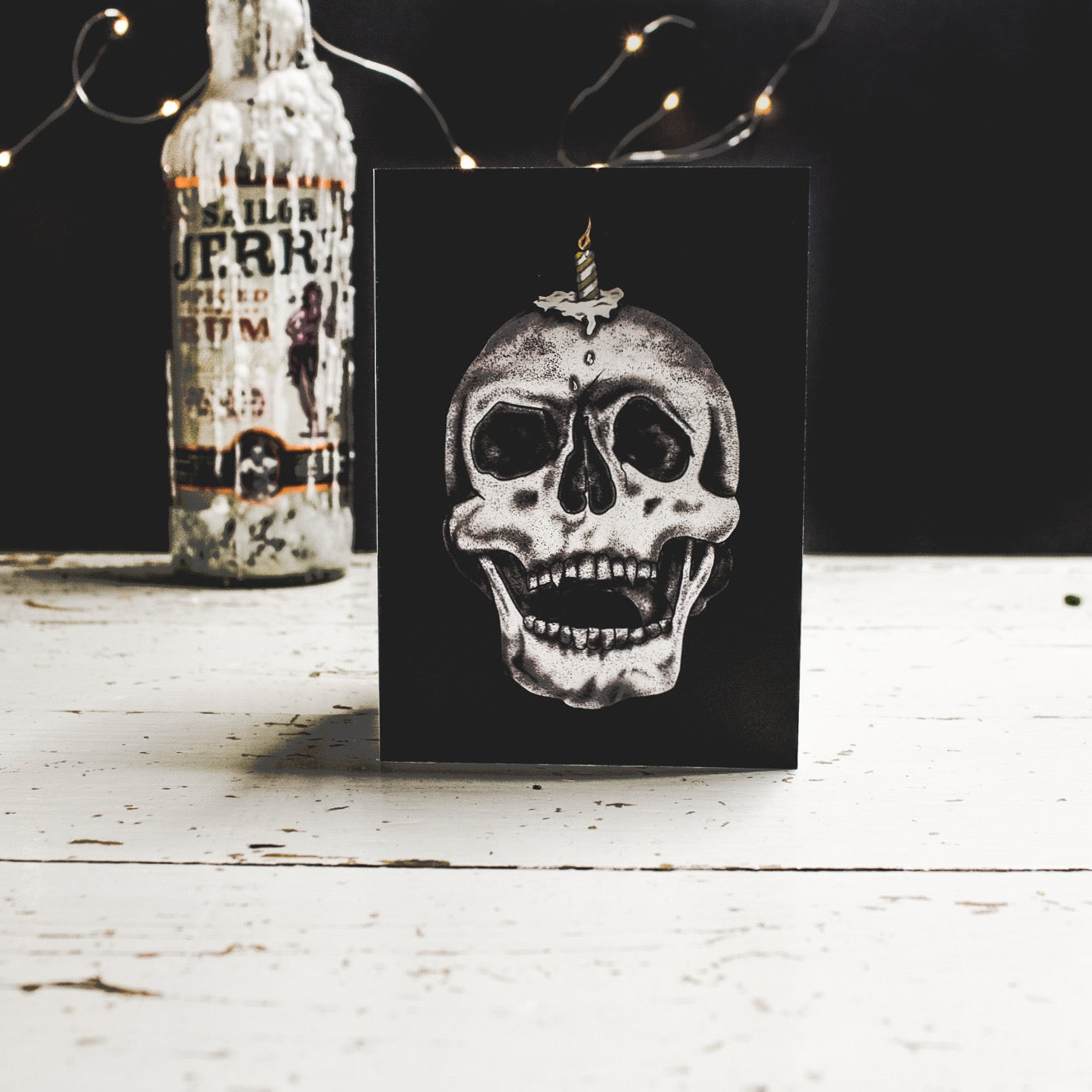 Black A6 Birthday Card with illustration of skull with candle on its head by wayward