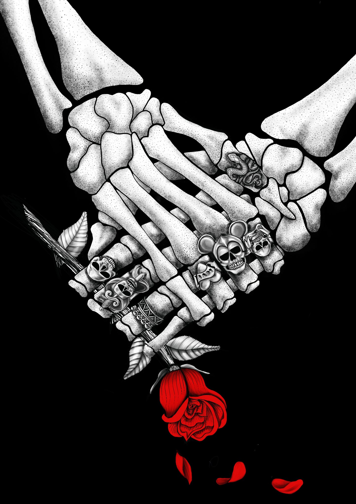 Wayward digital art print biker rings on skeleton hands holding red rose 