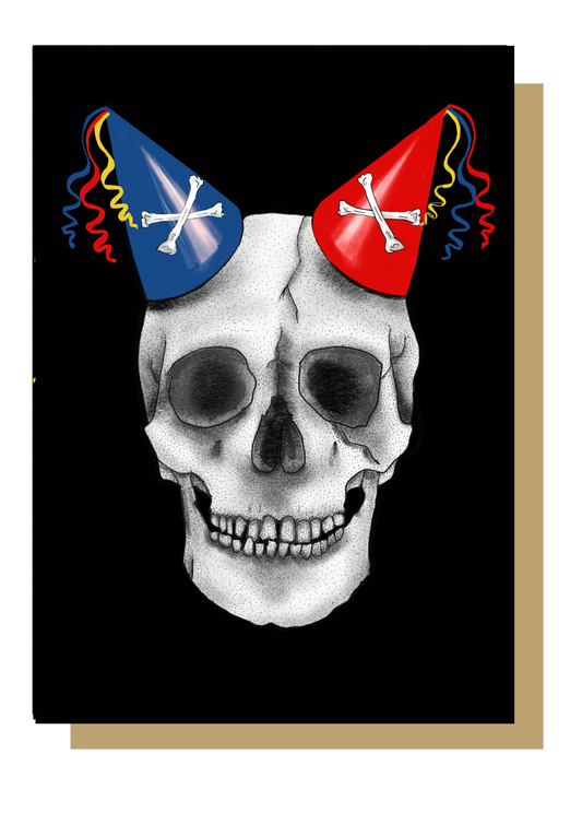 Wayward Birthday Card. Skull with two party hats on black background