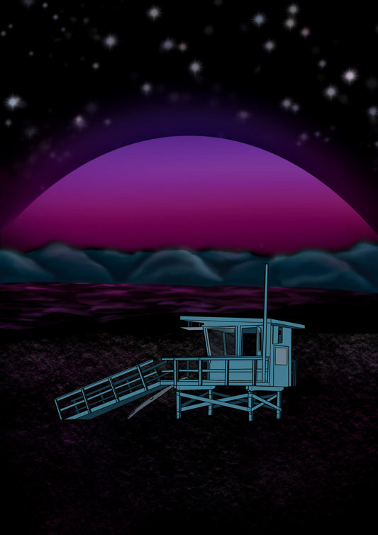 Beach Hut Art Print with Purple sunset