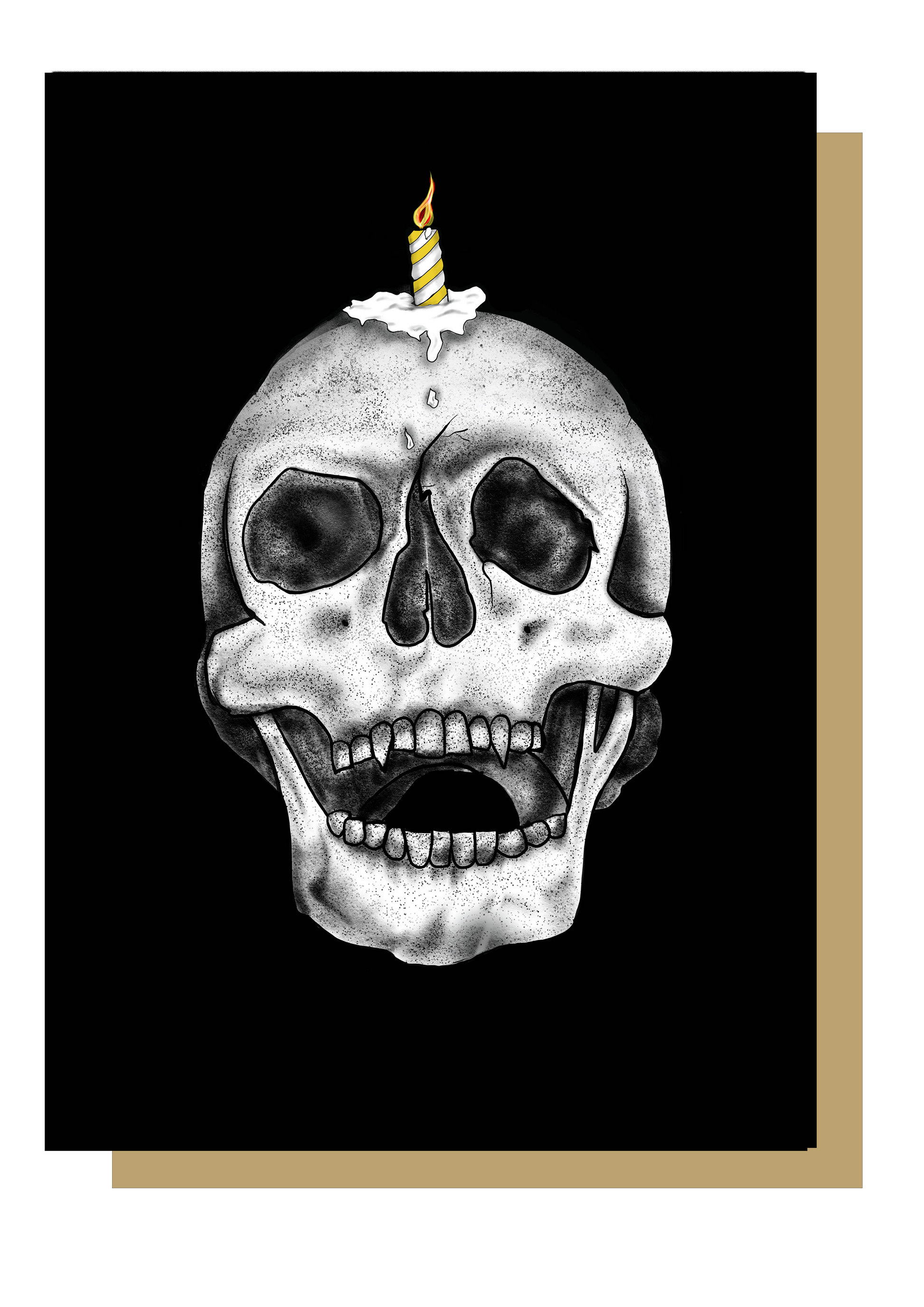 Wayward gothic birthday car - Skull with candle on head on black background