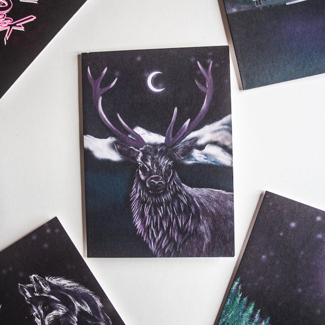 Purple mountain deer christmas card by wayward