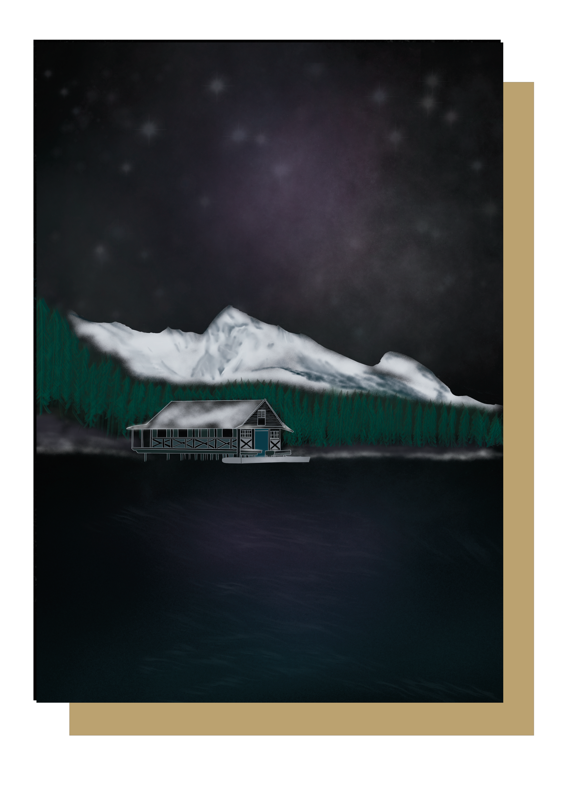 Winter lake mountain scene at night christmas card by wayward 