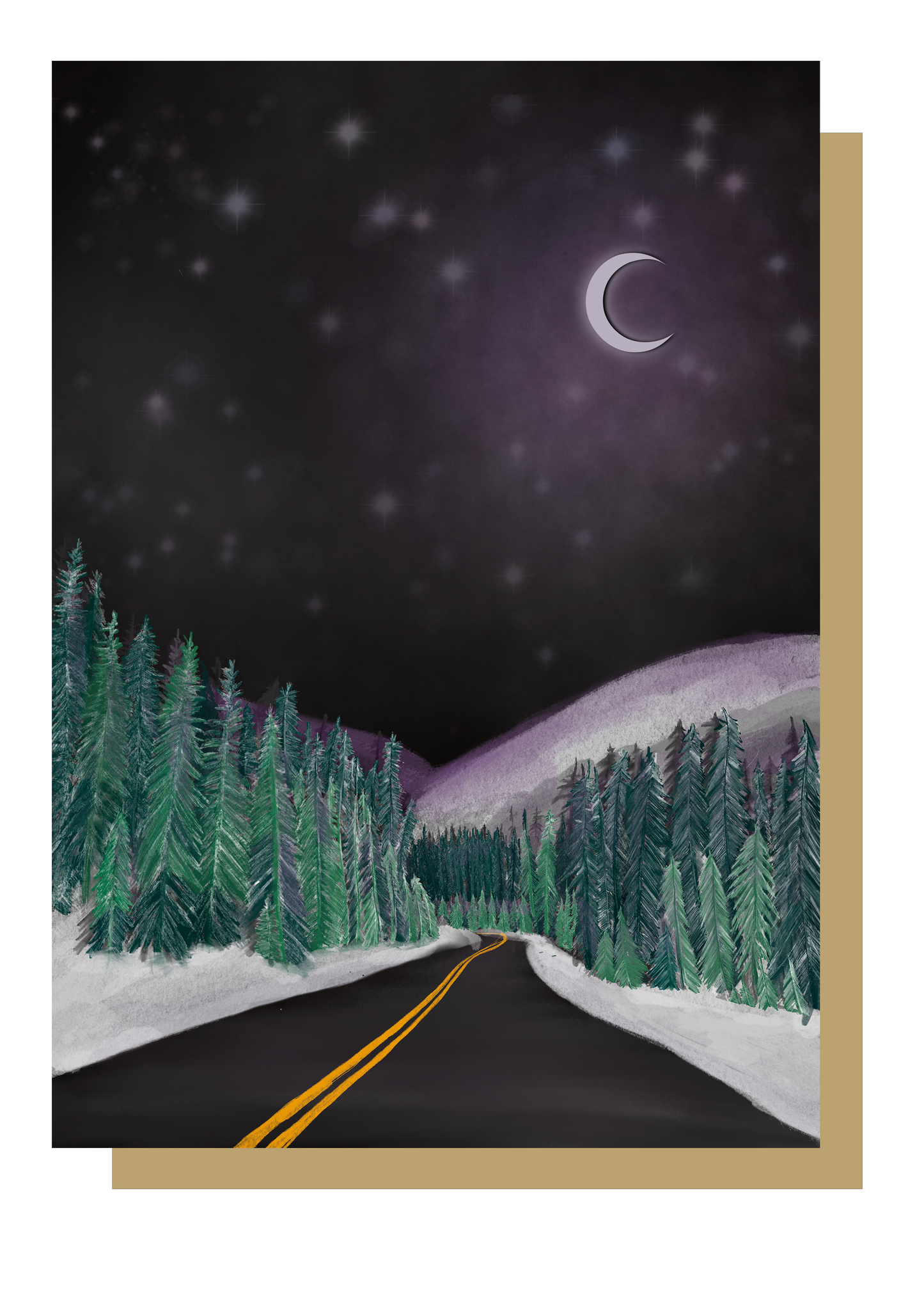 Mountain road at night christmas card by wayward