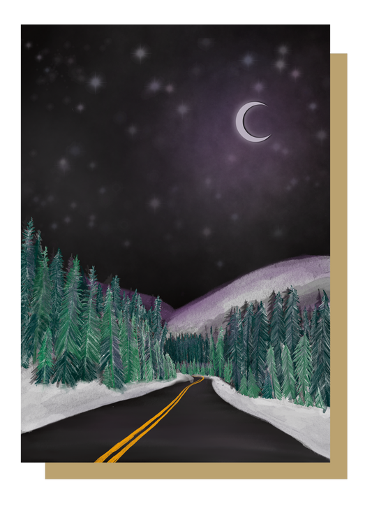 Mountain road at night christmas card by wayward