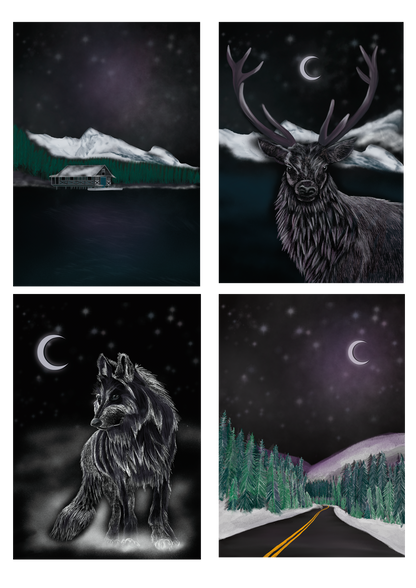 Set of 4 mountain christmas card design by wayward. Mountain wolf, mountain road, mountain lake, mountain deer
