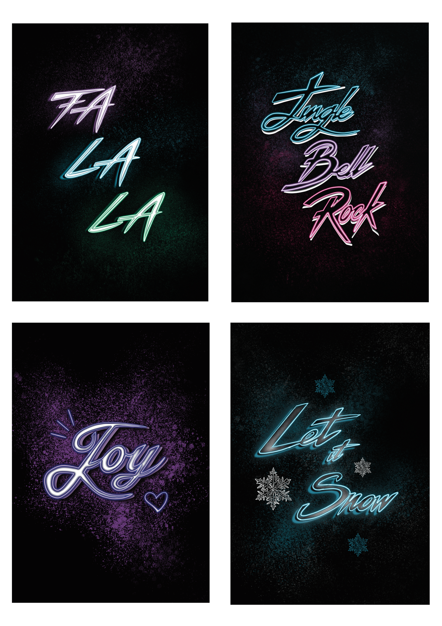 Set of 4 neon christmas cards by wayward. Colourful writing, jingle bell rock, let it snow, joy, fa la la on black background