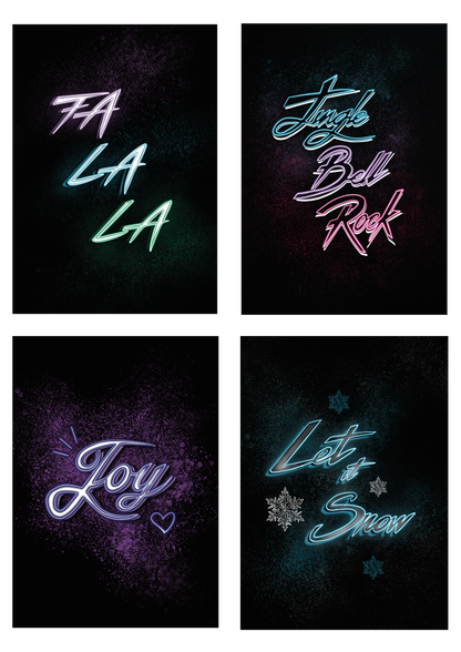 Set of 4 neon christmas cards by wayward. Colourful writing, jingle bell rock, let it snow, joy, fa la la on black background