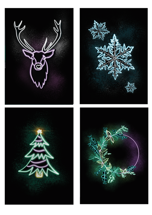 Christmas card set by wayward. neon stag, snowflake, tree, wreath on black background