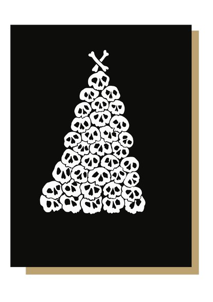 Christmas tree made of pile of illustrated skulls on black background. Christmas Card by wayward