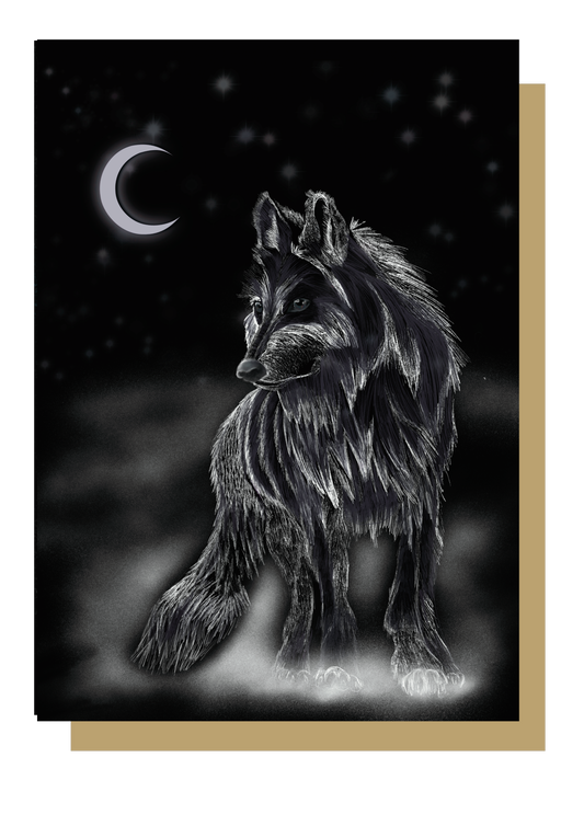 Wolf and moon greetings card by wayward