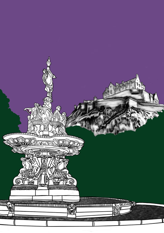 Edinburgh Postcard featuring Ross Fountain and Edinburgh Castle with purple and green background